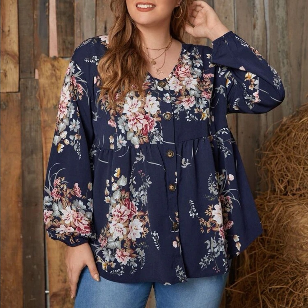 NWOT Navy Blue Floral SHEIN Lantern Sleeve Peplum Blouse 3X